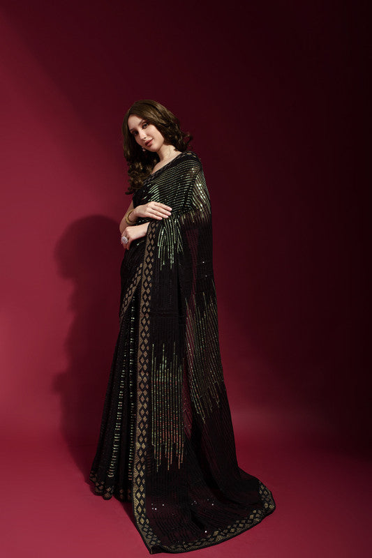 Jyoti Fashion Women's Black Sequence Embroidery Georgette Saree with Blouse | Swadesiicart