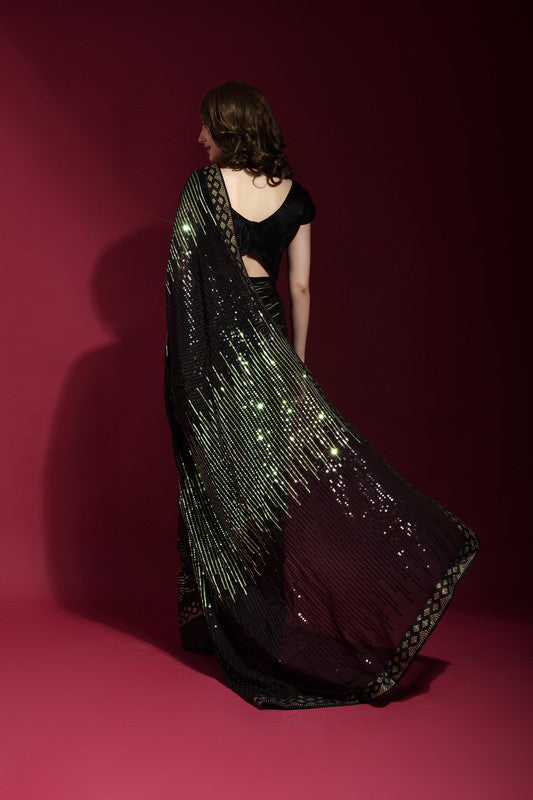 Jyoti Fashion Women's Black Sequence Embroidery Georgette Saree with Blouse | Swadesiicart