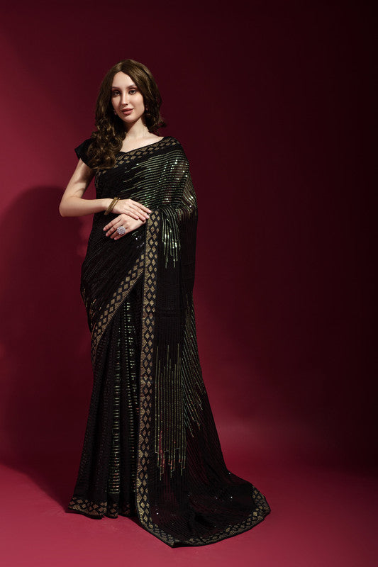 Jyoti Fashion Women's Black Sequence Embroidery Georgette Saree with Blouse | Swadesiicart