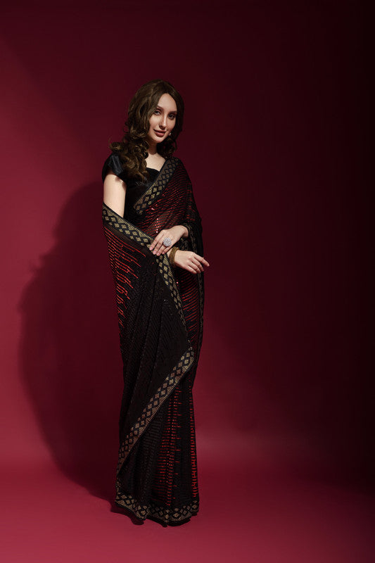 Jyoti Fashion Women's Maroon Sequence Embroidery Georgette Saree with Blouse | Swadesiicart