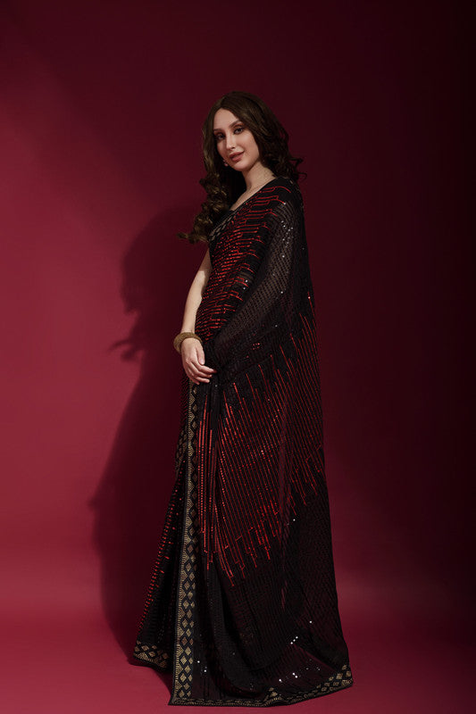 Jyoti Fashion Women's Maroon Sequence Embroidery Georgette Saree with Blouse | Swadesiicart