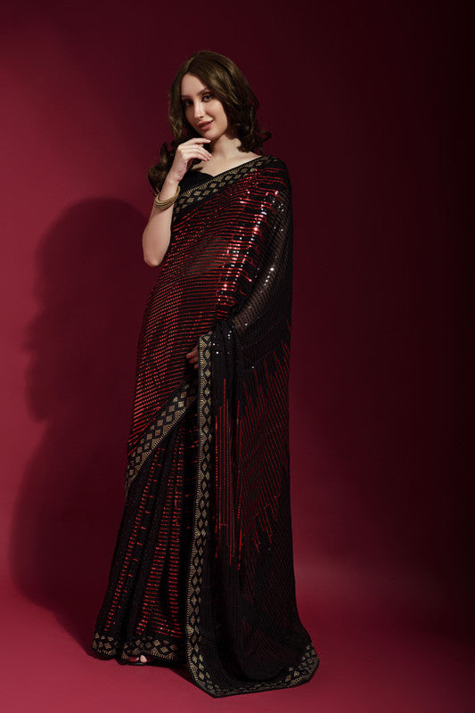 Jyoti Fashion Women's Maroon Sequence Embroidery Georgette Saree with Blouse | Swadesiicart
