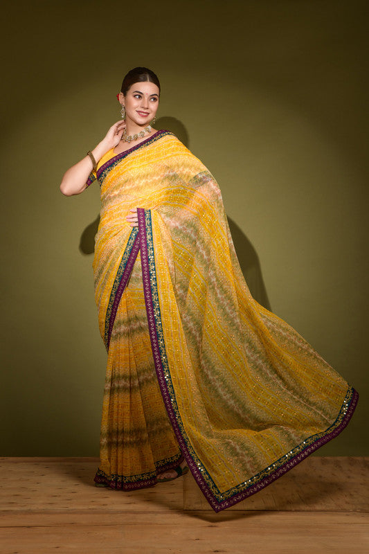 Jyoti Fashion Women's Yellow Foil Print with Sequence Georgette Saree with Blouse | Swadesiicart