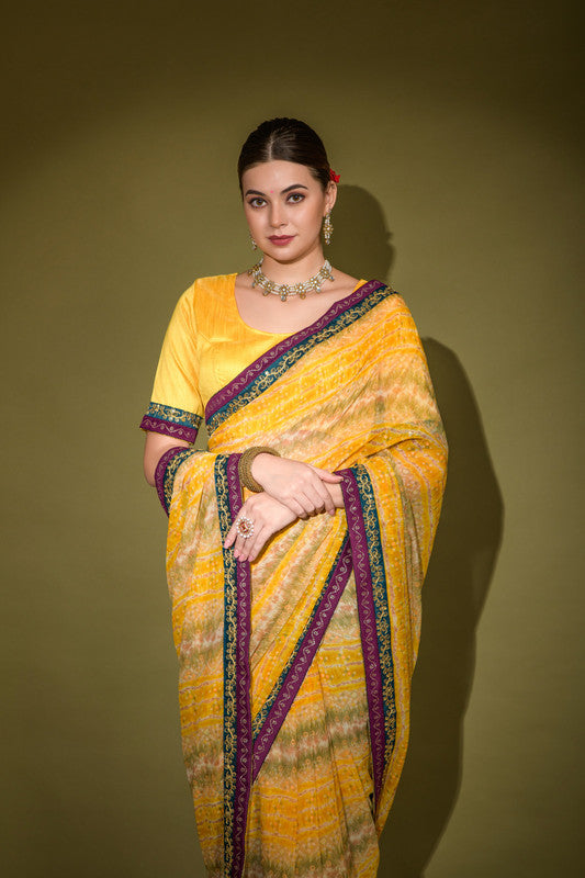 Jyoti Fashion Women's Yellow Foil Print with Sequence Georgette Saree with Blouse | Swadesiicart
