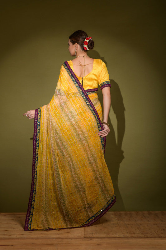 Jyoti Fashion Women's Yellow Foil Print with Sequence Georgette Saree with Blouse | Swadesiicart