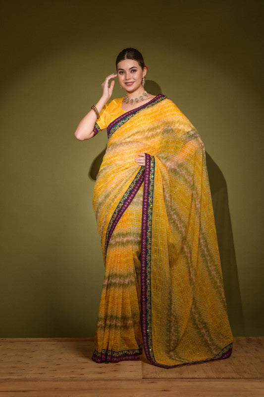 Jyoti Fashion Women's Yellow Foil Print with Sequence Georgette Saree with Blouse | Swadesiicart