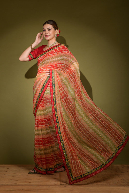 Jyoti Fashion Women's Red Foil Print with Sequence Georgette Saree with Blouse | Swadesiicart
