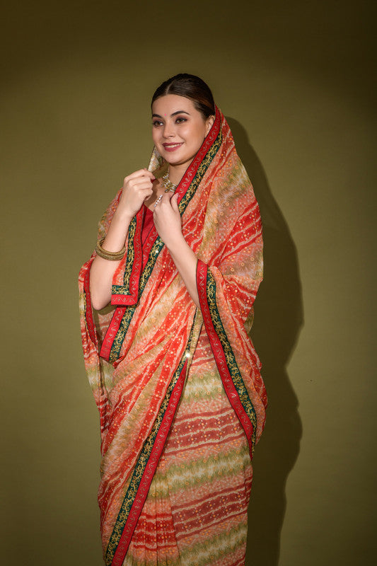 Jyoti Fashion Women's Red Foil Print with Sequence Georgette Saree with Blouse | Swadesiicart