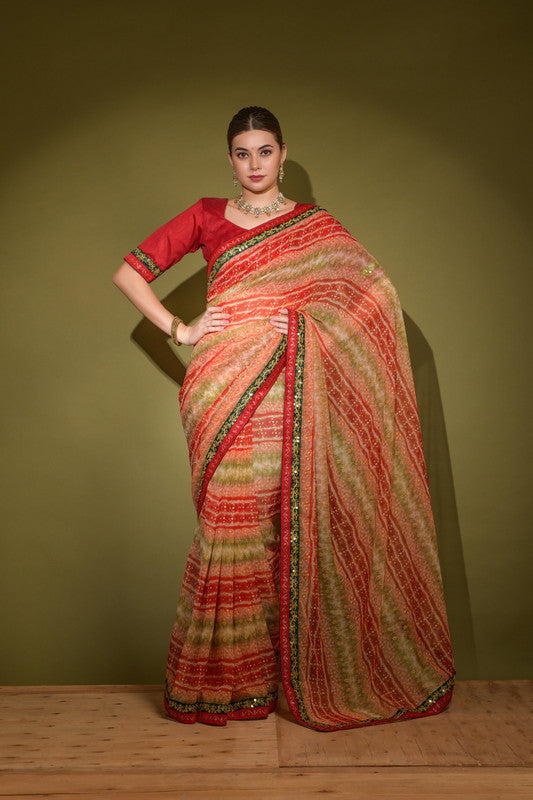Jyoti Fashion Women's Red Foil Print with Sequence Georgette Saree with Blouse | Swadesiicart