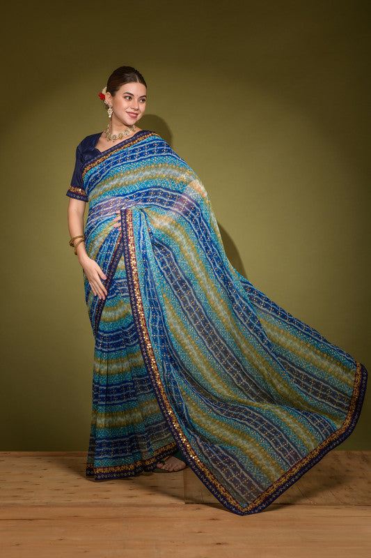 Jyoti Fashion Women's Blue Foil Print with Sequence Georgette Saree with Blouse | Swadesiicart