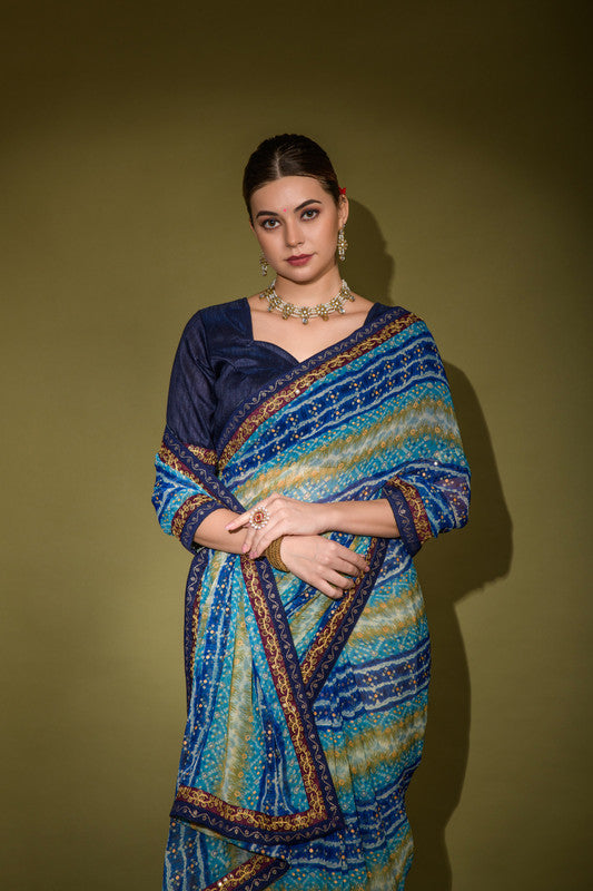 Jyoti Fashion Women's Blue Foil Print with Sequence Georgette Saree with Blouse | Swadesiicart