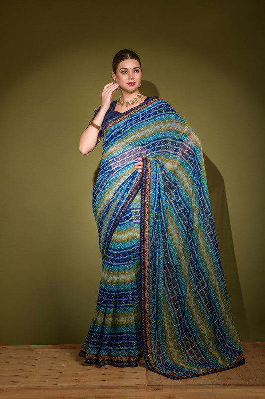 Jyoti Fashion Women's Blue Foil Print with Sequence Georgette Saree with Blouse | Swadesiicart