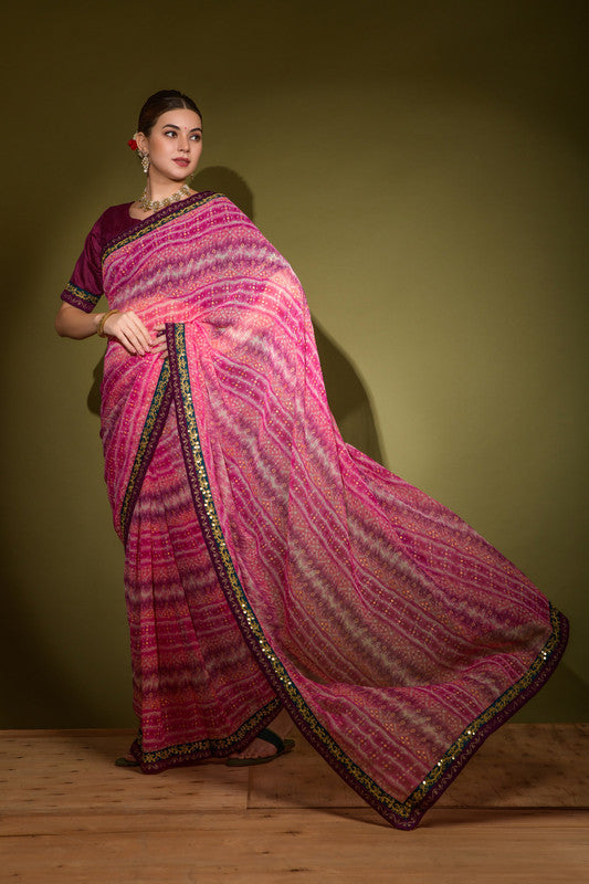 Jyoti Fashion Women's Pink Foil Print with Sequence Georgette Saree with Blouse | Swadesiicart