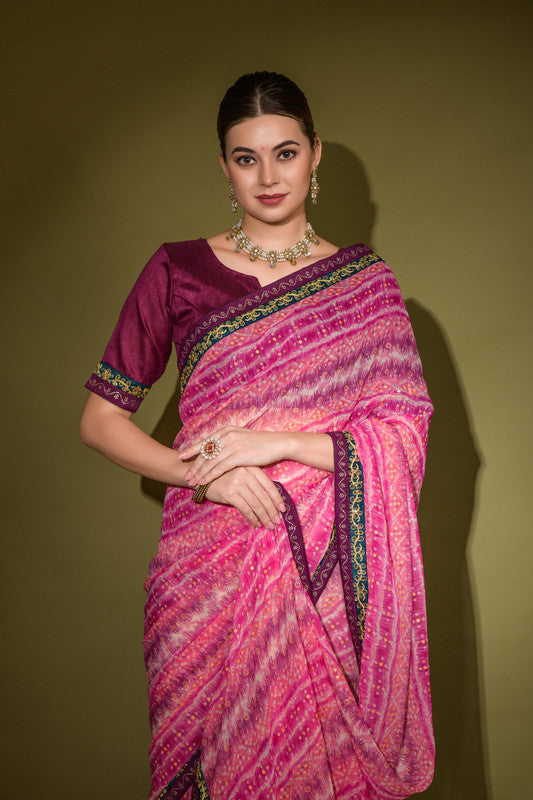 Jyoti Fashion Women's Pink Foil Print with Sequence Georgette Saree with Blouse | Swadesiicart