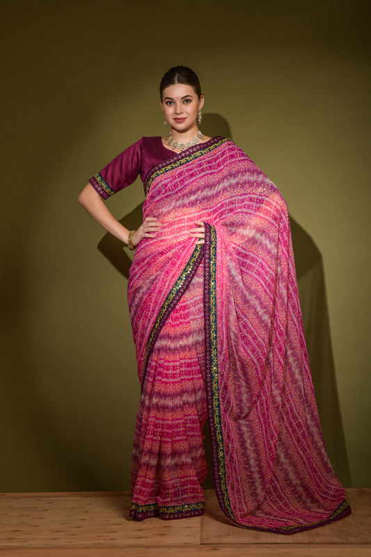 Jyoti Fashion Women's Pink Foil Print with Sequence Georgette Saree with Blouse | Swadesiicart