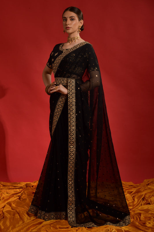 Jyoti Fashion Women's Black Sequence Coding Embroidery Georgette Saree with Blouse | Swadesiicart