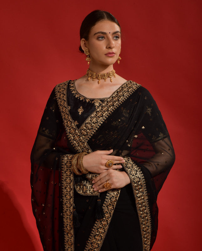 Jyoti Fashion Women's Black Sequence Coding Embroidery Georgette Saree with Blouse | Swadesiicart