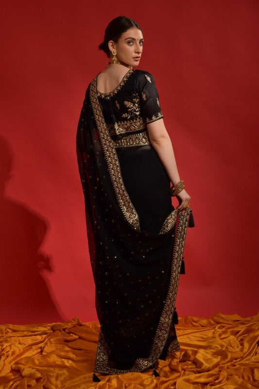 Jyoti Fashion Women's Black Sequence Coding Embroidery Georgette Saree with Blouse | Swadesiicart