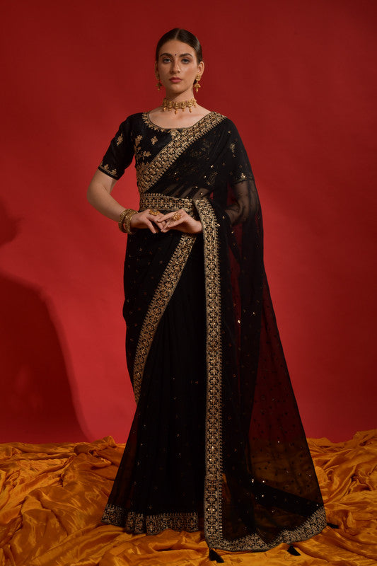 Jyoti Fashion Women's Black Sequence Coding Embroidery Georgette Saree with Blouse | Swadesiicart
