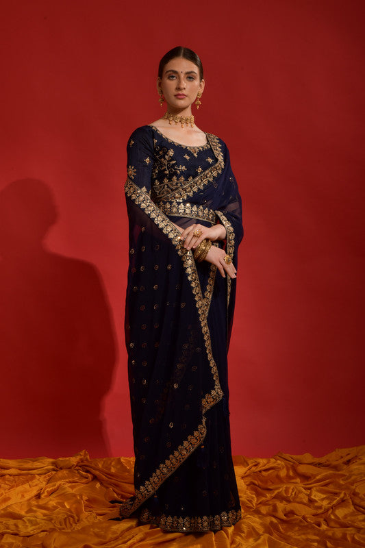 Jyoti Fashion Women's Navy Blue Sequence Coding Embroidery Georgette Saree with Blouse | Swadesiicart