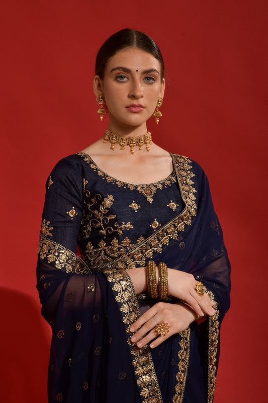 Jyoti Fashion Women's Navy Blue Sequence Coding Embroidery Georgette Saree with Blouse | Swadesiicart