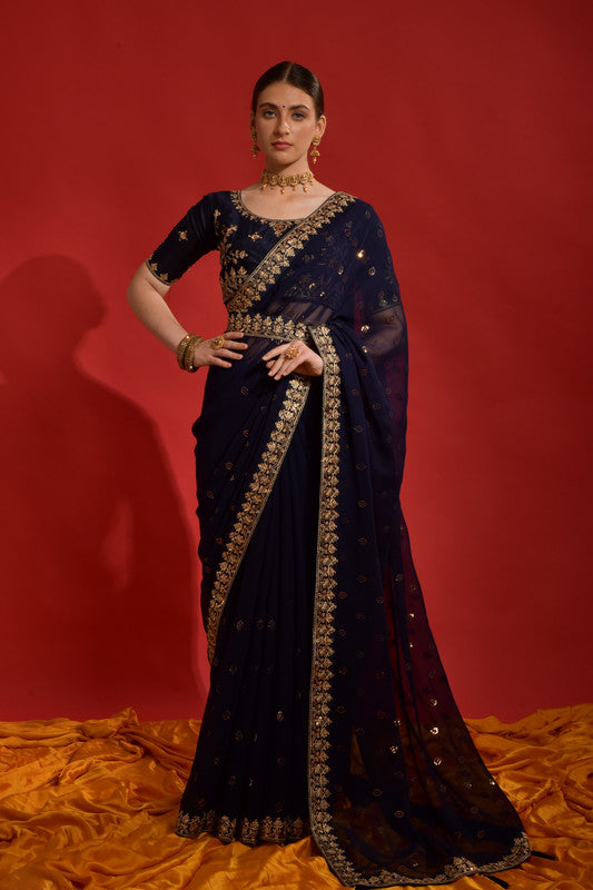 Jyoti Fashion Women's Navy Blue Sequence Coding Embroidery Georgette Saree with Blouse | Swadesiicart