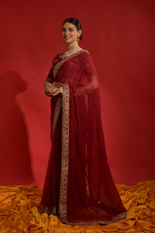 Jyoti Fashion Women's Maroon Sequence Coding Embroidery Georgette Saree with Blouse | Swadesiicart