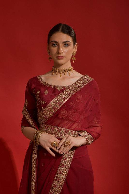 Jyoti Fashion Women's Maroon Sequence Coding Embroidery Georgette Saree with Blouse | Swadesiicart