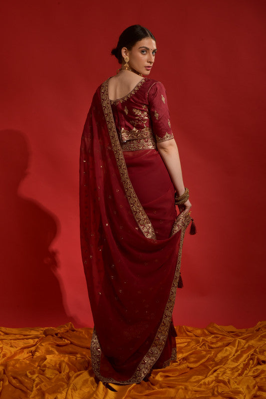 Jyoti Fashion Women's Maroon Sequence Coding Embroidery Georgette Saree with Blouse | Swadesiicart