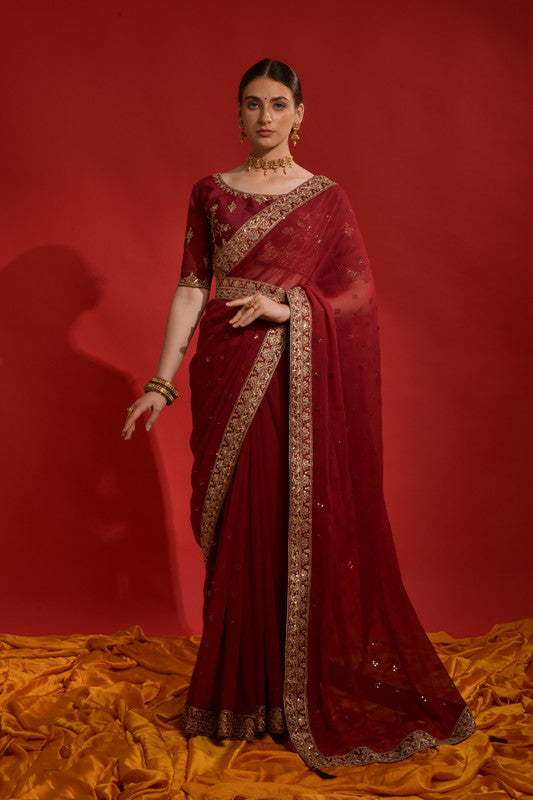 Jyoti Fashion Women's Maroon Sequence Coding Embroidery Georgette Saree with Blouse | Swadesiicart