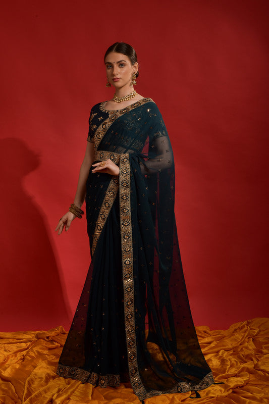 Jyoti Fashion Women's Morpich Sequence Coding Embroidery Georgette Saree with Blouse | Swadesiicart