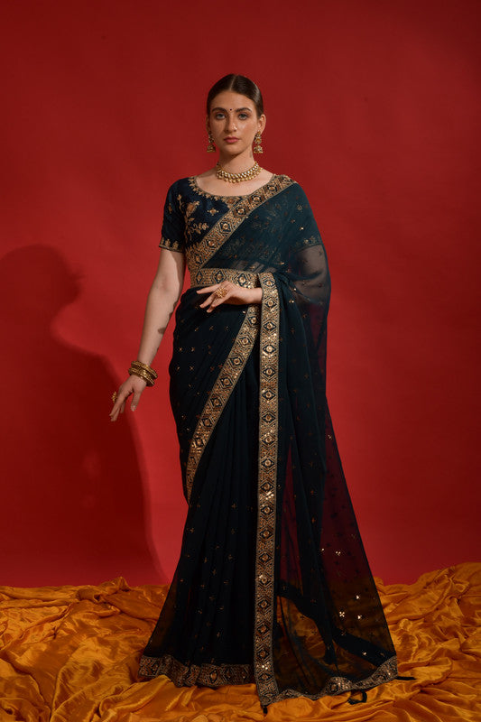 Jyoti Fashion Women's Morpich Sequence Coding Embroidery Georgette Saree with Blouse | Swadesiicart