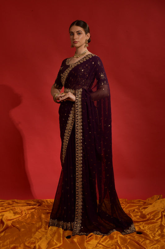 Jyoti Fashion Women's Wine Sequence Coding Embroidery Georgette Saree with Blouse | Swadesiicart
