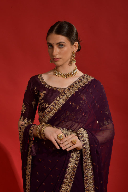 Jyoti Fashion Women's Wine Sequence Coding Embroidery Georgette Saree with Blouse | Swadesiicart
