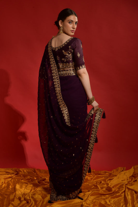 Jyoti Fashion Women's Wine Sequence Coding Embroidery Georgette Saree with Blouse | Swadesiicart