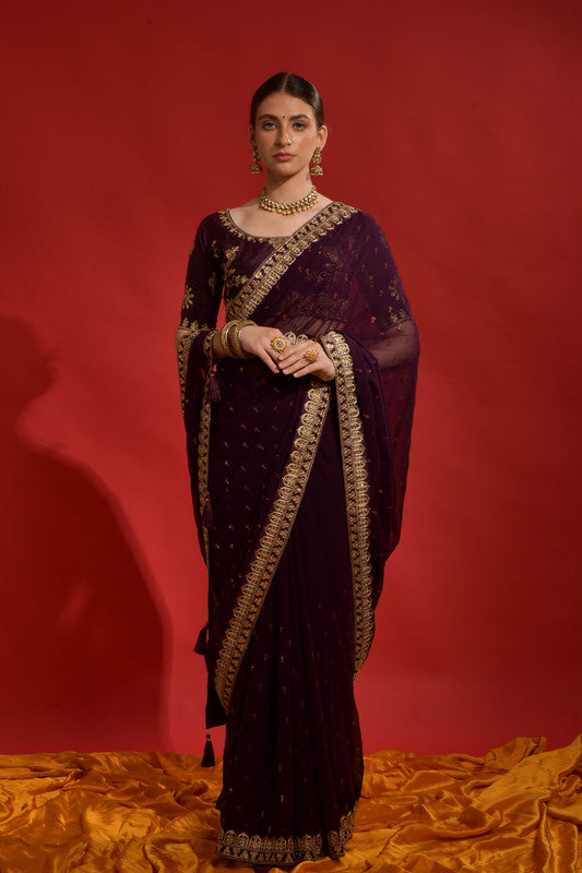 Jyoti Fashion Women's Wine Sequence Coding Embroidery Georgette Saree with Blouse | Swadesiicart