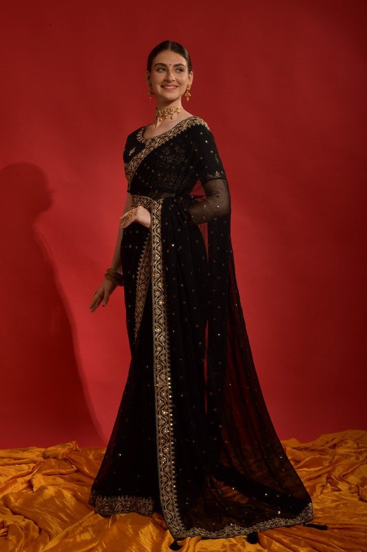 Jyoti Fashion Women's Black Sequence Coding Embroidery Georgette Saree with Blouse | Swadesiicart