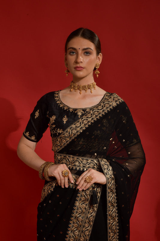 Jyoti Fashion Women's Black Sequence Coding Embroidery Georgette Saree with Blouse | Swadesiicart
