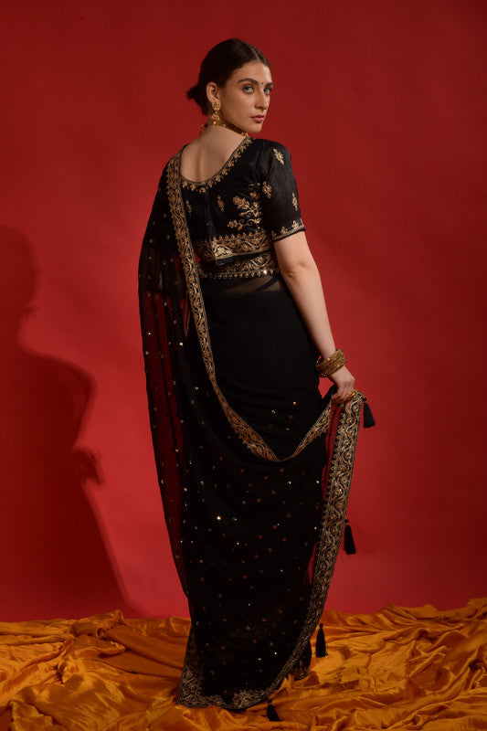 Jyoti Fashion Women's Black Sequence Coding Embroidery Georgette Saree with Blouse | Swadesiicart