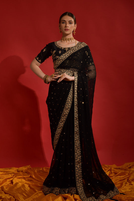 Jyoti Fashion Women's Black Sequence Coding Embroidery Georgette Saree with Blouse | Swadesiicart