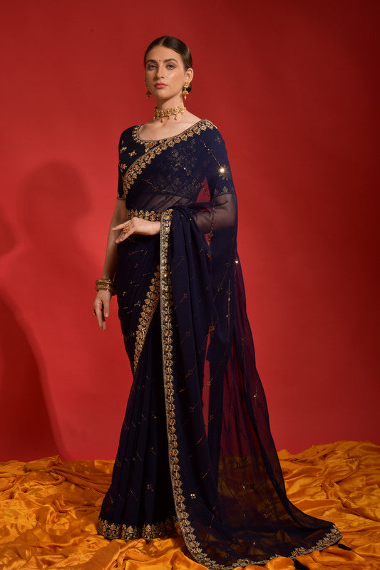 Jyoti Fashion Women's Navy Blue Sequence Coding Embroidery Georgette Saree with Blouse | Swadesiicart