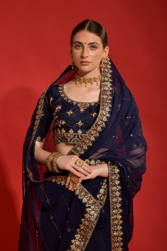 Jyoti Fashion Women's Navy Blue Sequence Coding Embroidery Georgette Saree with Blouse | Swadesiicart