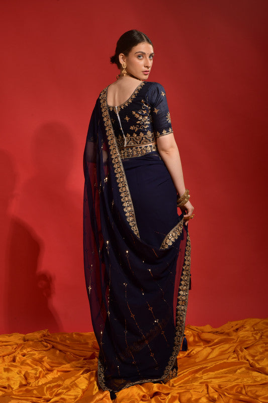 Jyoti Fashion Women's Navy Blue Sequence Coding Embroidery Georgette Saree with Blouse | Swadesiicart