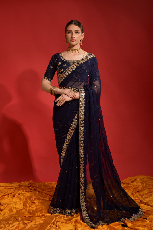 Jyoti Fashion Women's Navy Blue Sequence Coding Embroidery Georgette Saree with Blouse | Swadesiicart