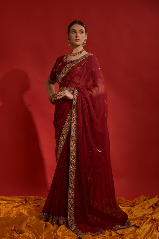 Jyoti Fashion Women's Maroon Sequence Coding Embroidery Georgette Saree with Blouse | Swadesiicart