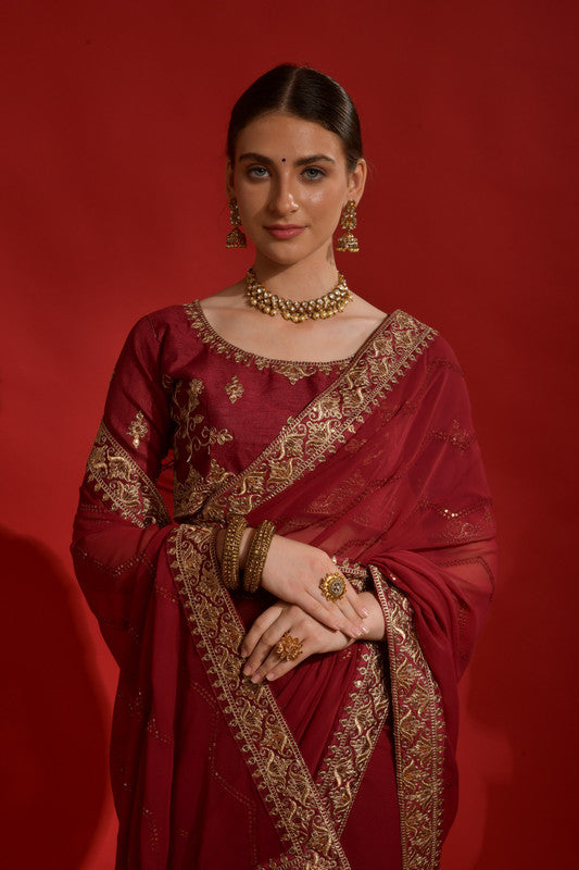 Jyoti Fashion Women's Maroon Sequence Coding Embroidery Georgette Saree with Blouse | Swadesiicart