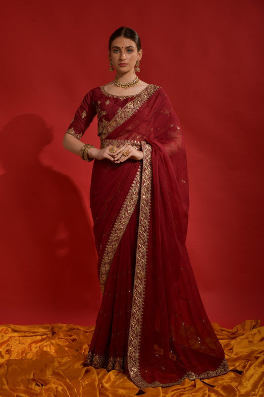 Jyoti Fashion Women's Maroon Sequence Coding Embroidery Georgette Saree with Blouse | Swadesiicart