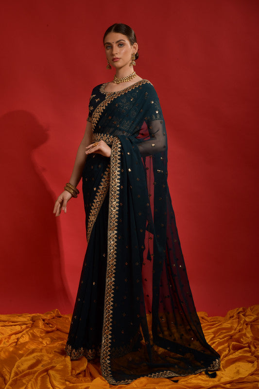 Jyoti Fashion Women's Morpich Sequence Coding Embroidery Georgette Saree with Blouse | Swadesiicart