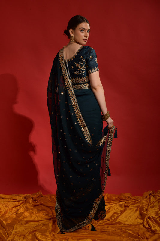 Jyoti Fashion Women's Morpich Sequence Coding Embroidery Georgette Saree with Blouse | Swadesiicart