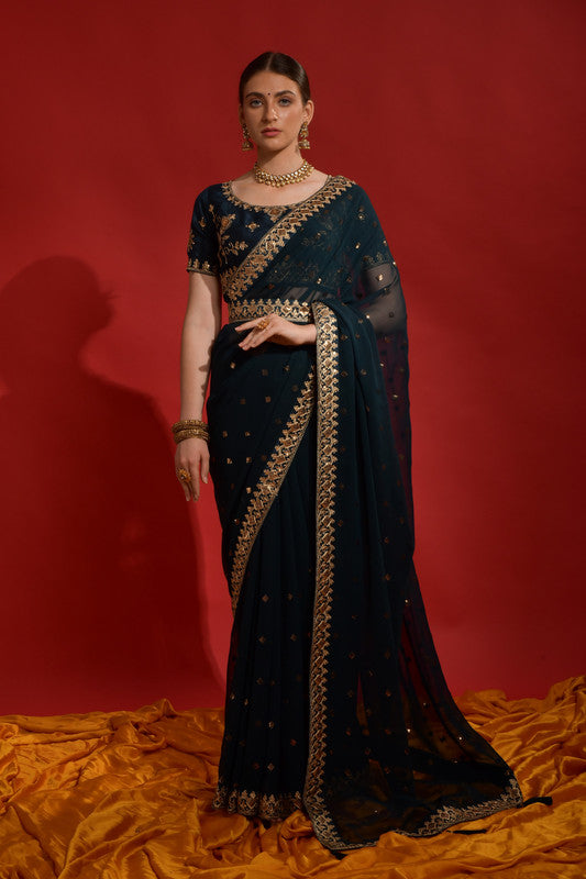 Jyoti Fashion Women's Morpich Sequence Coding Embroidery Georgette Saree with Blouse | Swadesiicart